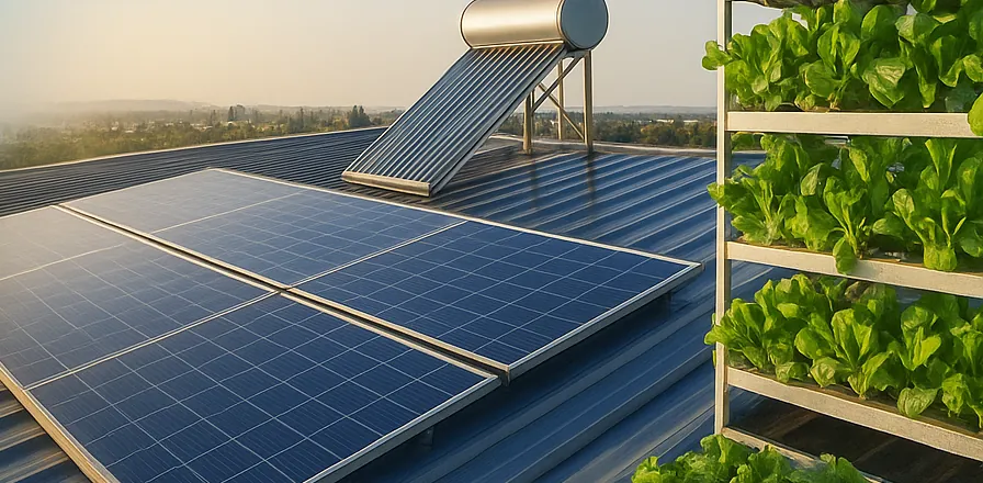 Paneles solares y cultivo vertical sobre una cubierta